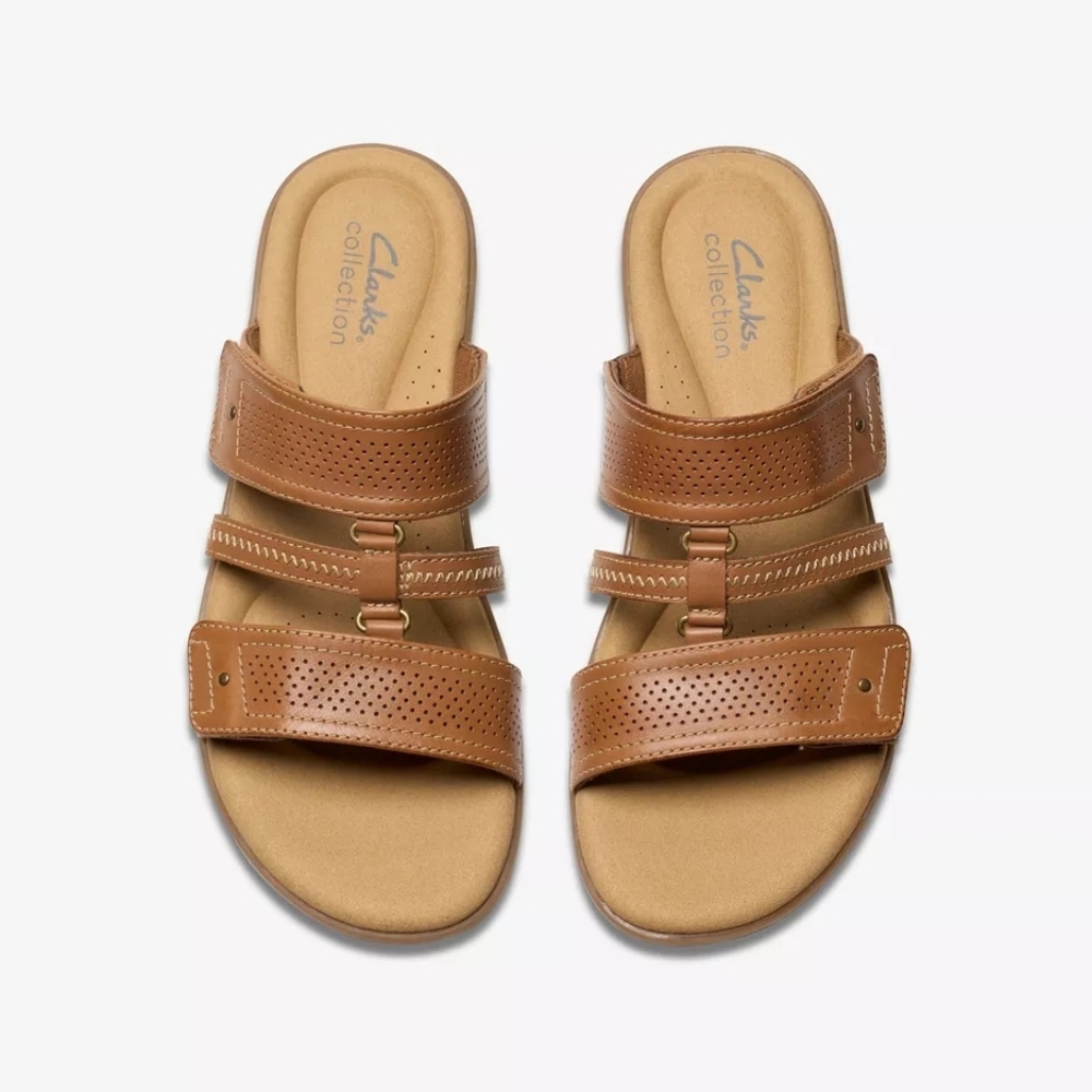 Clarks | Elizabelle Ave Tan Brown Leather Adjustable Slide Sandals Size 5